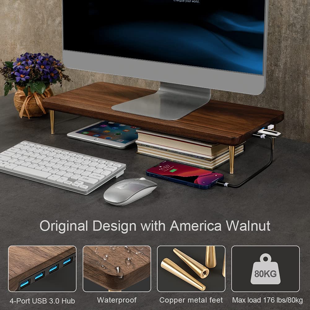 Walnut Wood Monitor Stand with 4 USB Ports - Ergonomic Riser for iMac, Laptop & Computer Screens to Reduce Eye Strain & Improve Posture | Perfect for Home Office & Workspace Setup
