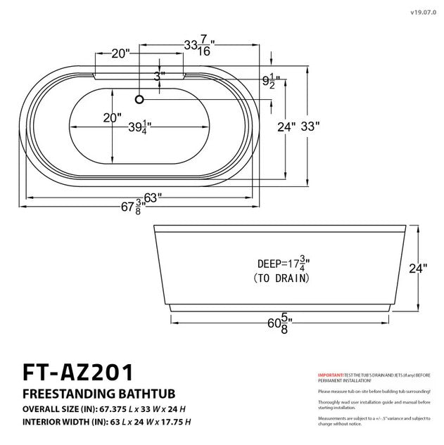 Anzzi FT AZ201 Sofi 67-Inch Freestanding Bathtub with Whirlpool & Air Jets - Center Drain Design for Luxury Spa Experience at Home
