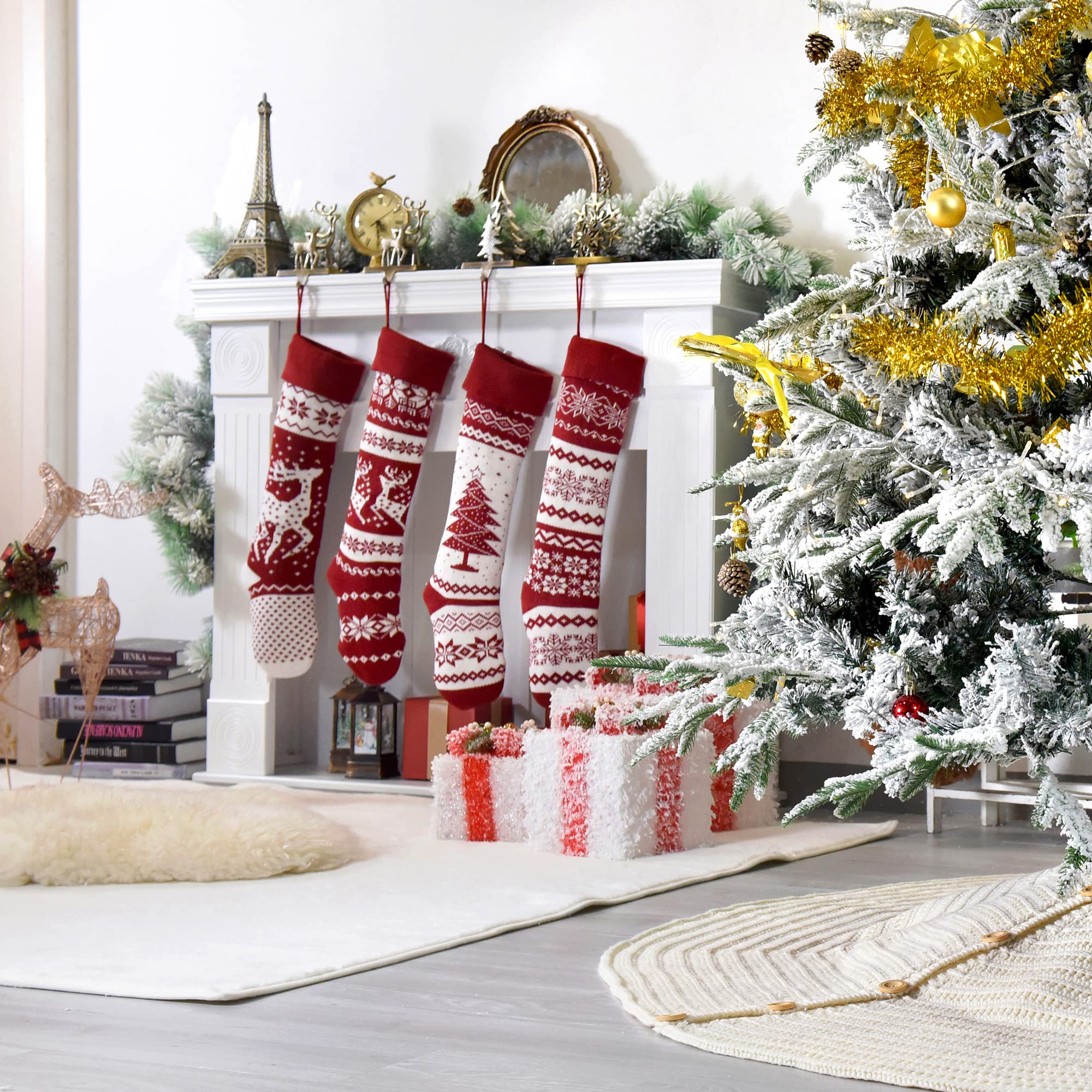 26-Inch Large Nordic Style Knitted Christmas Stockings - Burgundy & White Holiday Decor for Mantel, Wall, Staircase & Gift Stuffers | Perfect for Fireplace, Xmas Tree & Festive Home Decorating