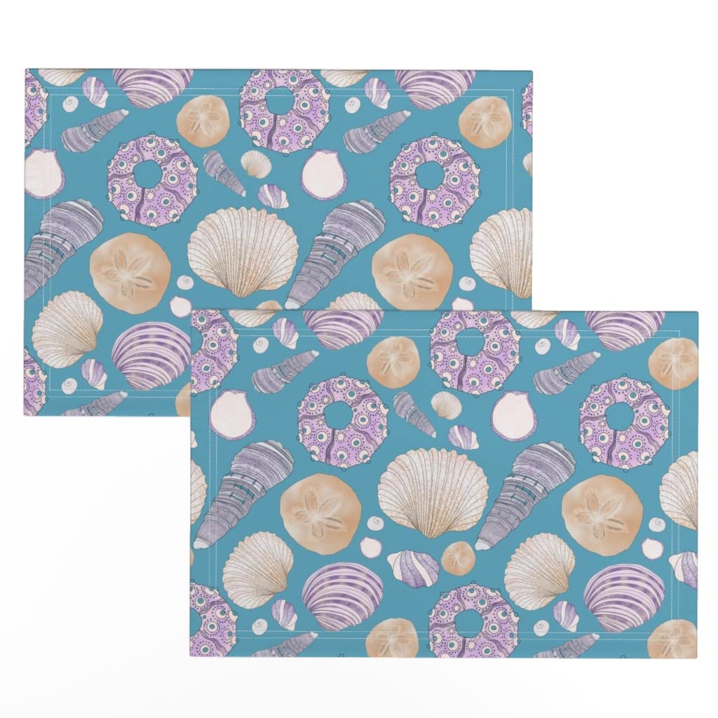 Premium Linen Cotton Canvas Placemats Set of 2 - Coastal Seashells & Ocean Blue Beach Design for Dining Table Decor | Perfect for Beach House, Nautical Theme Kitchen, and Summer Entertaining