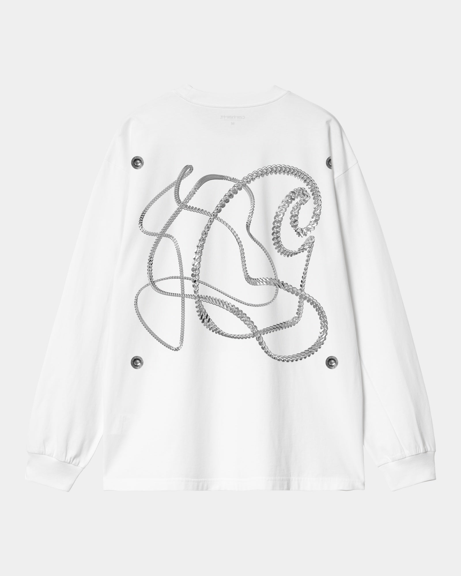 Chain Link Long Sleeve T-Shirt for Men & Women | White & Silver Metallic Graphic Tee | Casual Streetwear, Layering Essential, Fall Winter Fashion