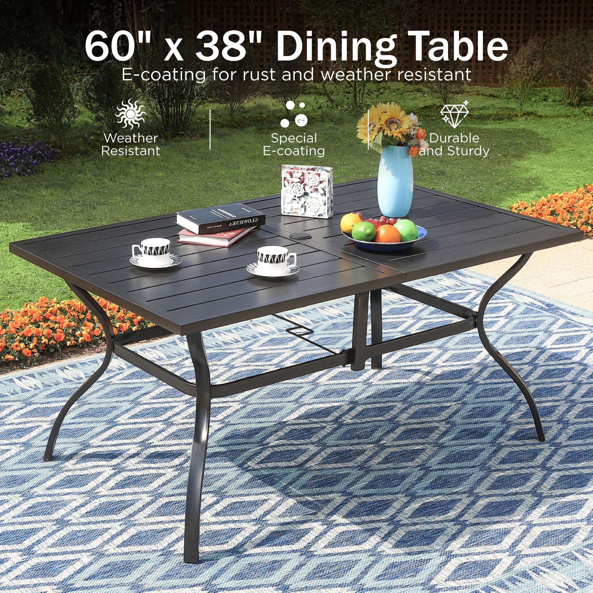 PHI VILLA 8-Piece Outdoor Dining Set with 13ft Double-Sided Patio Umbrella - Metal Patio Furniture Set Includes 6 Stackable Chairs & Rectangle Table - Perfect for Backyard, Garden, Poolside and Outdoor Entertaining