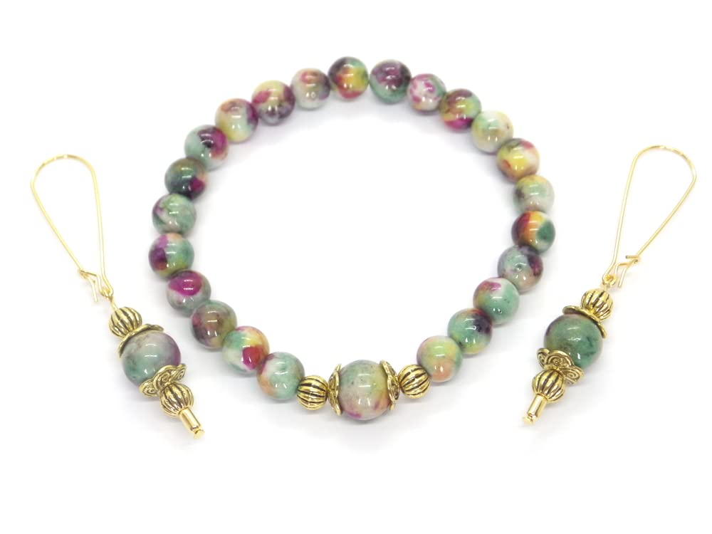 Vintage Style Jade Jewelry Set for Women - Green & Brown Jade Bracelet & Earrings with Gold Metal | Perfect for Weddings, Parties & Everyday Elegance