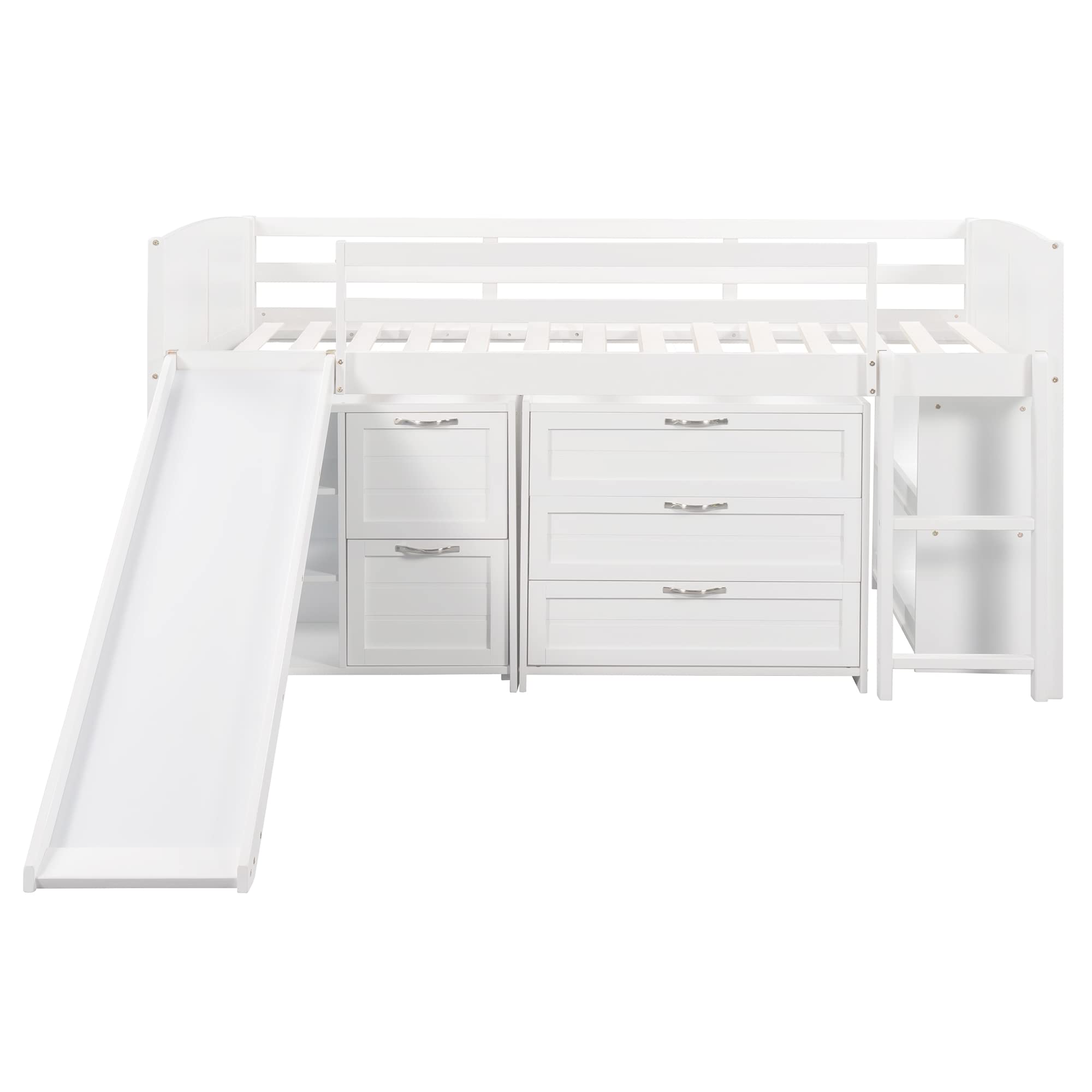 Harper & Bright Designs Solid Wood Low Twin Size Loft Bed with Slide, Drawers & Bookshelf - Kids Cabin Bed Frame for Bedroom or Playroom - Perfect for Small Spaces & Sleepovers (White)