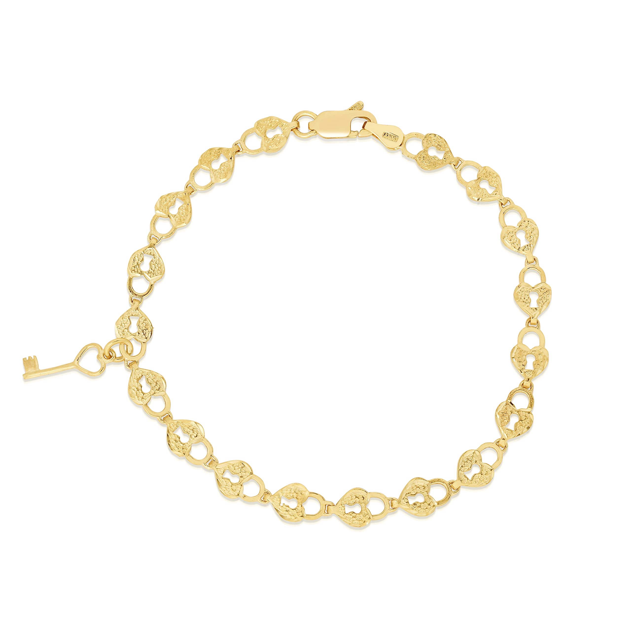 10k Yellow Gold Heart Lock & Key Charm Bracelet for Women - Textured Finish, Dainty Link Chain, Gift for Her - Perfect for Valentine's Day, Anniversary & Romantic Occasions