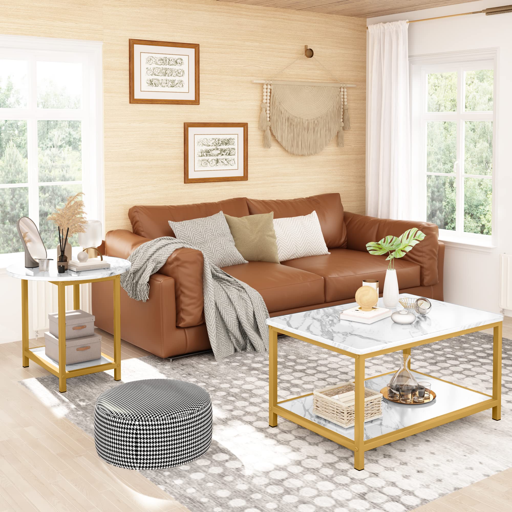 AWQM Nesting Coffee Table Set of 2 - Modern Rectangular & Round Side Tables with Open Storage & Adjustable Shelf - White Living Room & Bedroom Furniture for Small Spaces, Apartments, and Home Decor