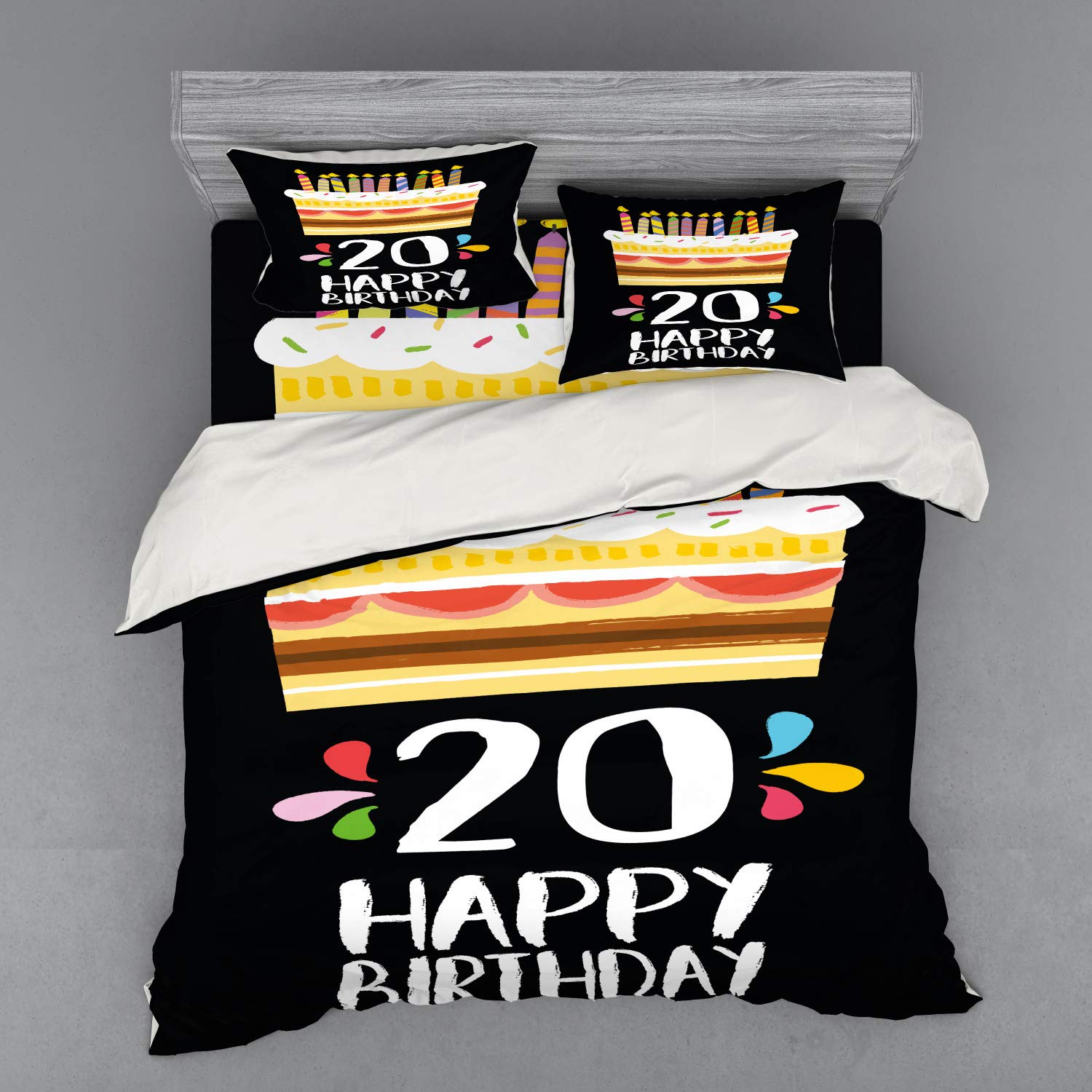 Ambesonne 20th Birthday Duvet Cover Set - Vintage Cartoon Party Cake with Candles on Black - 4 Piece Bedding Set with Shams & Fitted Sheet - King Size Multicolor - Perfect for Birthday Parties & Teen Bedroom Decor