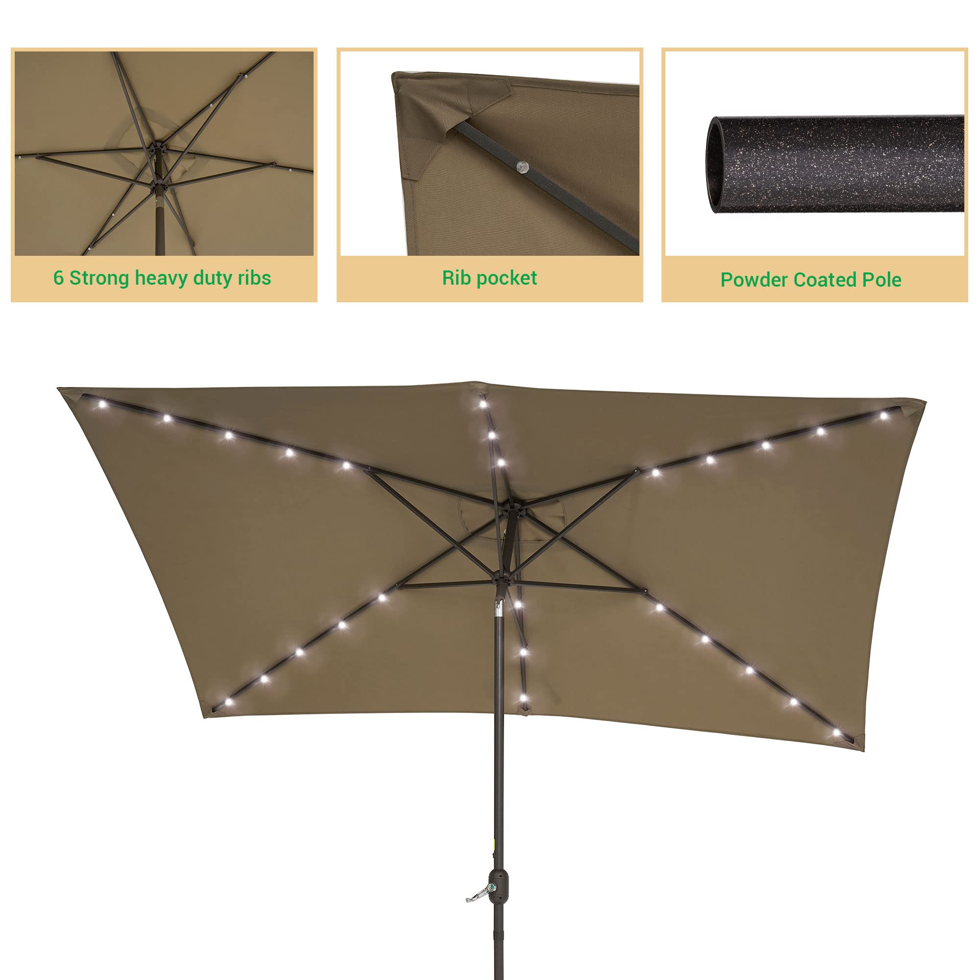 10x6.5ft Rectangle Solar Patio Umbrella with LED Lights - Tilt & Crank Outdoor Market Umbrella, 6 Sturdy Ribs, UV Protection & Waterproof - Perfect for Garden, Deck, Backyard, Poolside Dining & Outdoor Relaxation