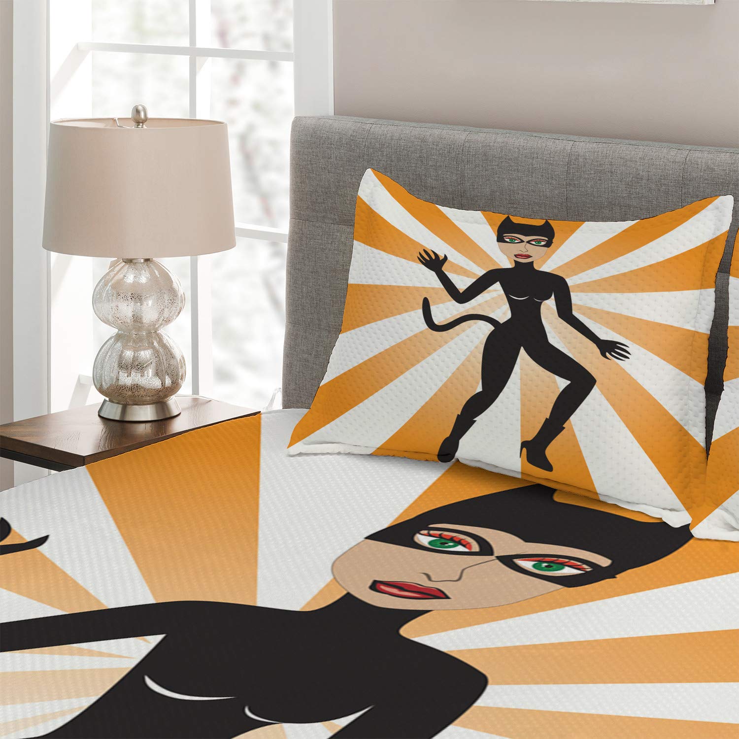 Ambesonne Retro 3-Piece Quilted Bedspread Set - King Size Cat Woman Halloween Themed Coverlet with Starburst Design & 2 Pillow Shams in Pale Orange, Ecru, Laurel Green & Charcoal Grey | Perfect for Halloween Decor, Themed Bedrooms & Cozy Fall Nights