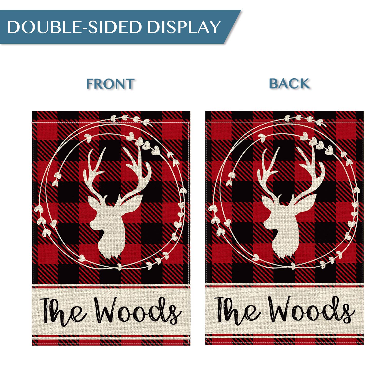 Custom Personalized Deer Antlers Garden Flag - Double Sided 12x18 Inch Buffalo Plaid with Family Name - Rustic Farmhouse Burlap Outdoor Yard Decoration for Porch, Lawn, and Seasonal Home Decor