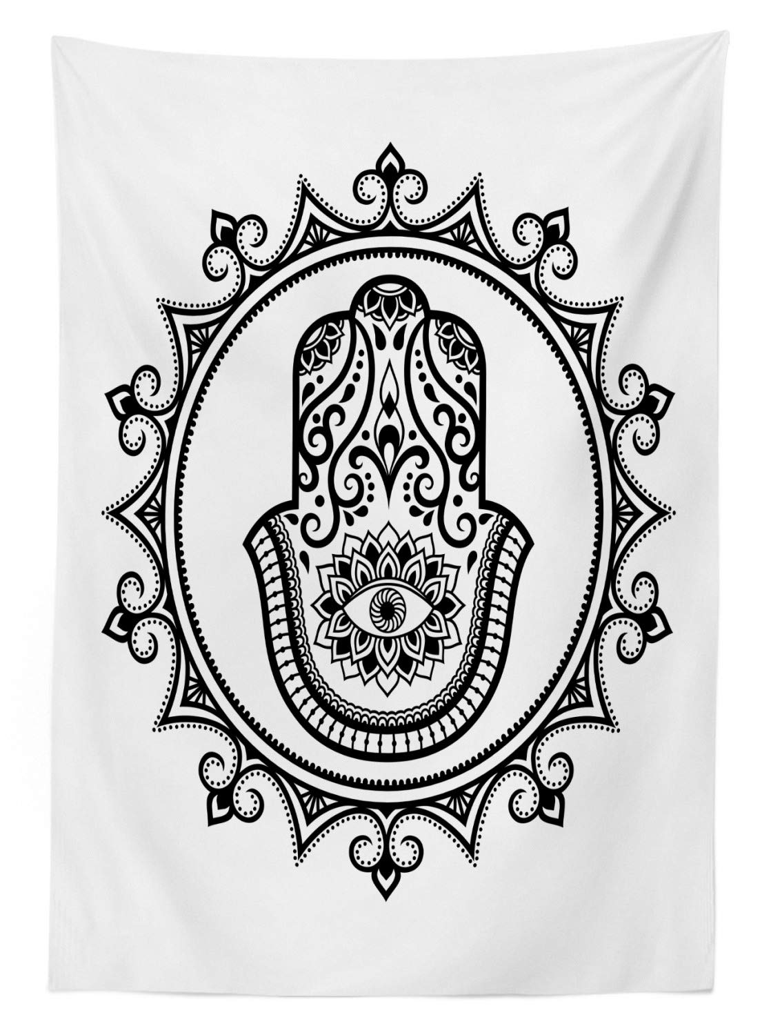 Ambesonne Evil Eye Outdoor Tablecloth - Hamsa Hand Design with Mandala Lucky Symbol, Washable Picnic Table Cover 58x84 Inches, White & Black - Perfect for Garden Parties, BBQs, and Outdoor Dining Decor