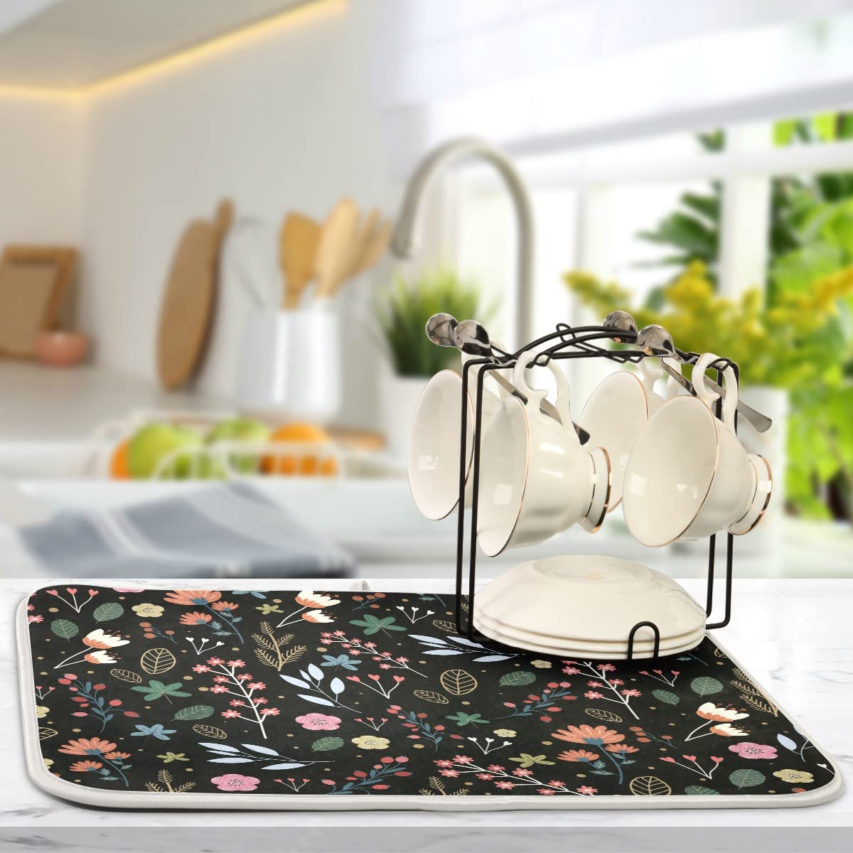 Absorbent Microfiber Dish Drying Mat - Black Floral 18x24in for Kitchen Countertop | Fast-Dry Reversible Pad