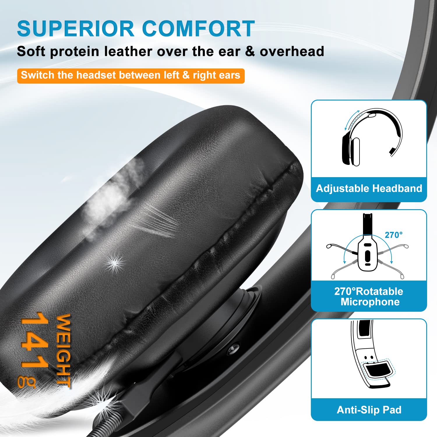 Wireless Bluetooth Headset with Noise Canceling Microphone & Mute Button - 60Hrs Battery Life Trucker Headphones for Phone Calls, Office Work, Driving & Online Meetings
