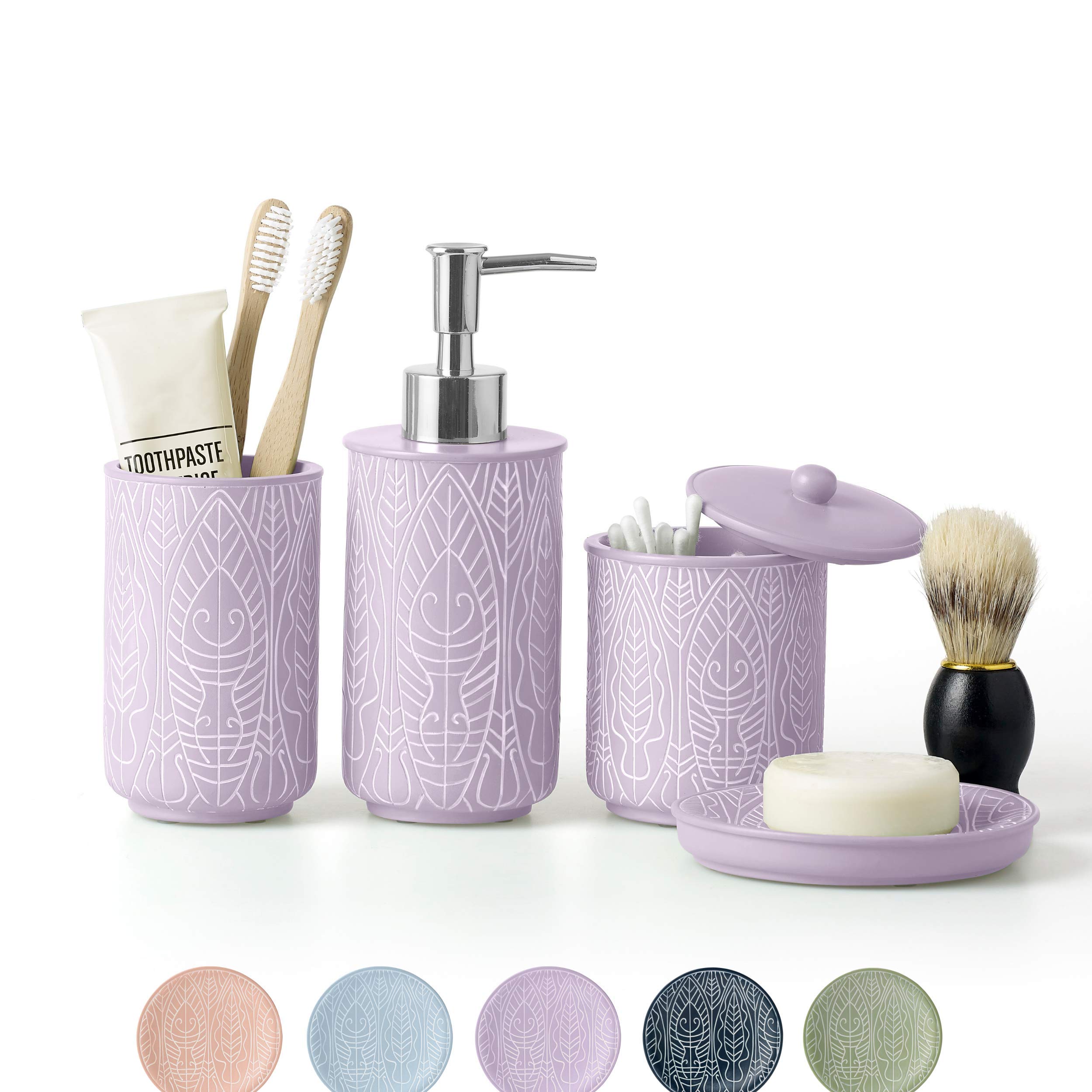 Premium Lavender Purple Bathroom Accessories Set - 6-Piece Bathroom Decor with Toothbrush Holder & Soap Dispenser | Modern Apartment Essentials for Home, Guest Bath & Spa | Water-Resistant & Stylish
