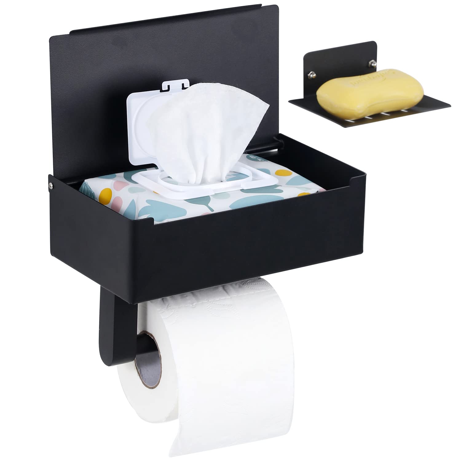 Stainless Steel Toilet Paper Holder with Flushable Wipes Dispenser & Soap Holder - Wall Mount Bathroom Organizer with Shelf & Storage Space (Matte Black, Adhesive/Screw Installation) - Perfect for Small Bathrooms & Powder Rooms