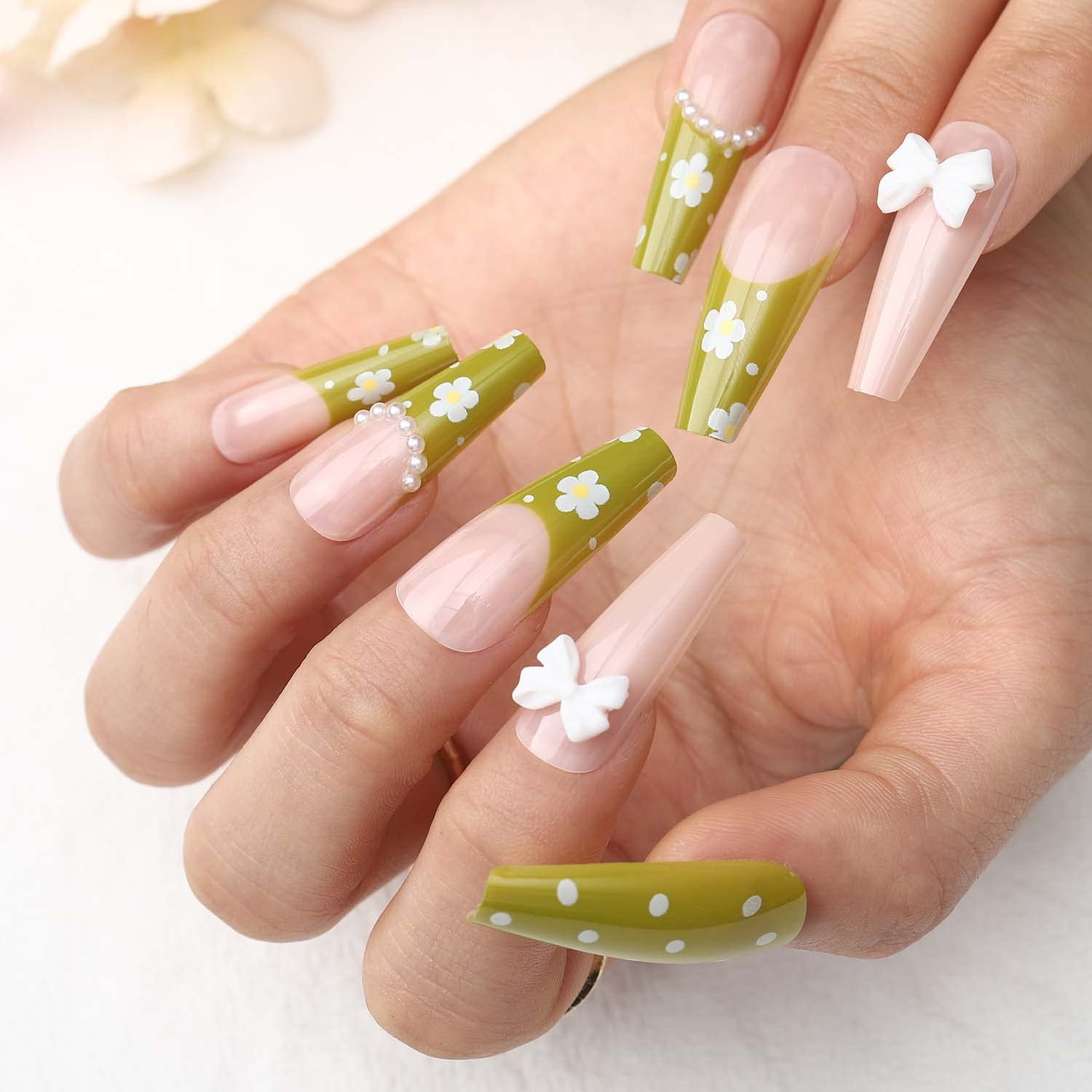 Glossy Green Press on Nails Long Coffin Shape with Cute Flower & Bowknot Design - 24Pcs Full Cover False Nails Set for Women & Girls | French Ballerina Style (B) | Perfect for Parties, Weddings & Special Occasions