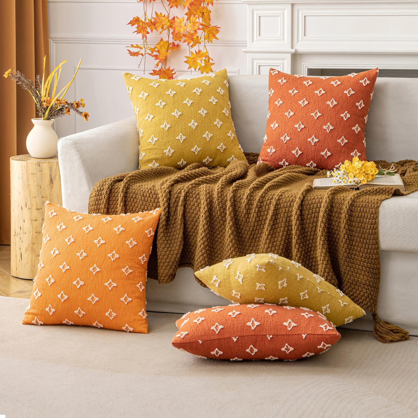ANRODUO 2 Pack Yellow Boho Decorative Throw Pillow Covers 18x18 - Tufted Rhombic Jacquard Design, Soft Couch Pillow Cases for Living Room, Sofa, Bedroom - Spring Home Decor & Bohemian Style Accents