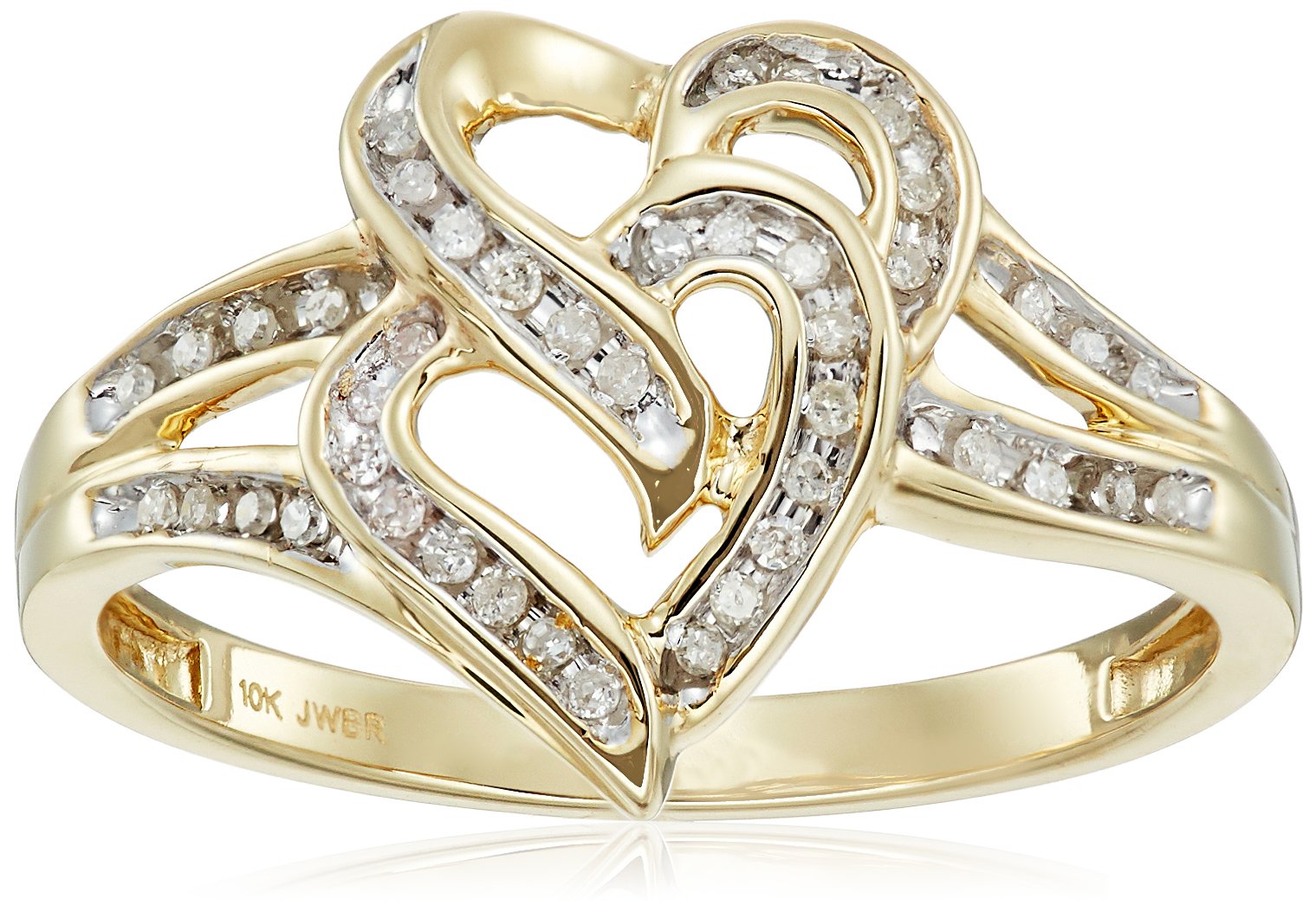 Amazon Essentials 10K Yellow Gold Diamond Two Hearts Ring (1/10 cttw) - Elegant Valentine's Day Gift for Her, Anniversary Jewelry, Romantic Promise Ring for Girlfriend, Wife & Special Occasions