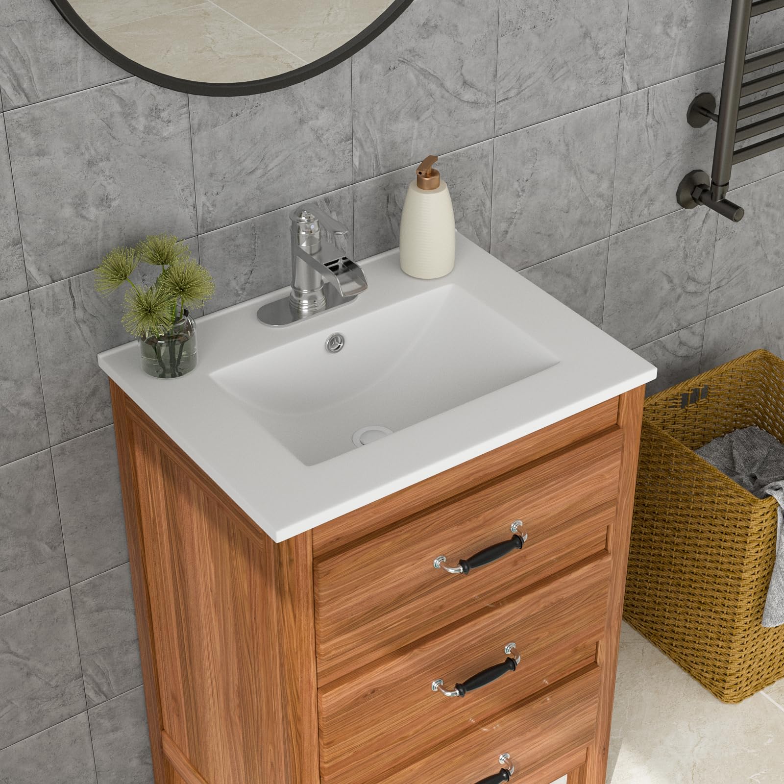 Lordear White Porcelain Ceramic Bathroom Sink - 24 x 18 Inch Drop-In Vanity Top with Single Faucet Hole - Perfect for Modern Bathroom Renovations and Small Space Vanities