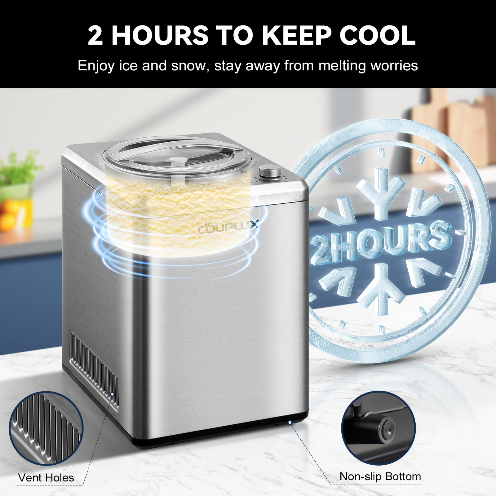 2.65 Qt Ice Cream Maker with Built-in Compressor - Fast Freezing, Large Capacity, Stainless Steel, Easy to Use & Clean, LCD Digital Display - Perfect for Home, Parties, and DIY Desserts
