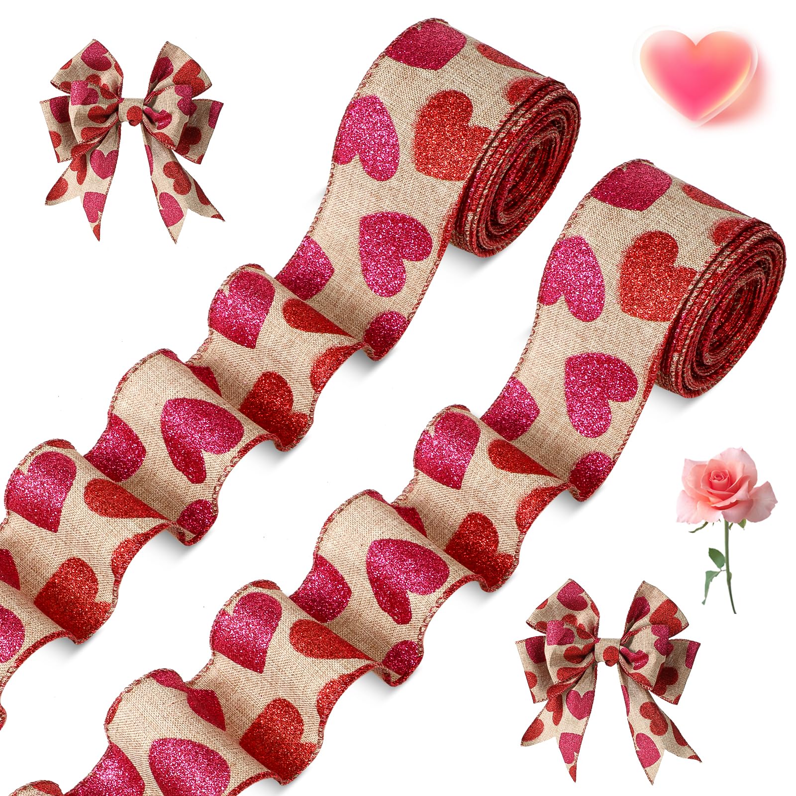 2 Rolls 20 Yards Glitter Hearts Wired Edge Burlap Ribbon - Valentine's Day DIY Gift Wrapping, Wreath & Craft Decorations (2 Inch, Natural, Red, Pink) - Perfect for Wedding, Party, Home Decor & Scrapbooking Projects