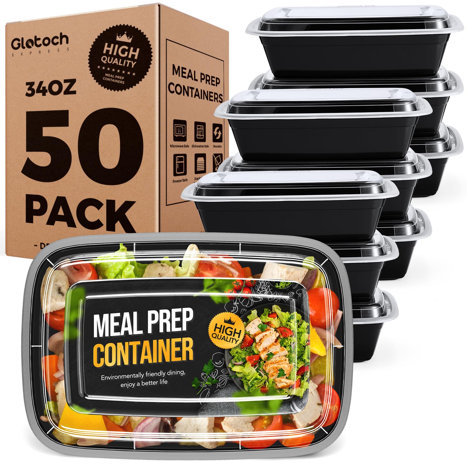 50-Pack 34oz Reusable Meal Prep Containers with Lids - BPA-Free, Leakproof & Microwave/Dishwasher/Freezer Safe Plastic Food Storage Containers - Perfect for Meal Prepping, Leftovers & Takeout - Black