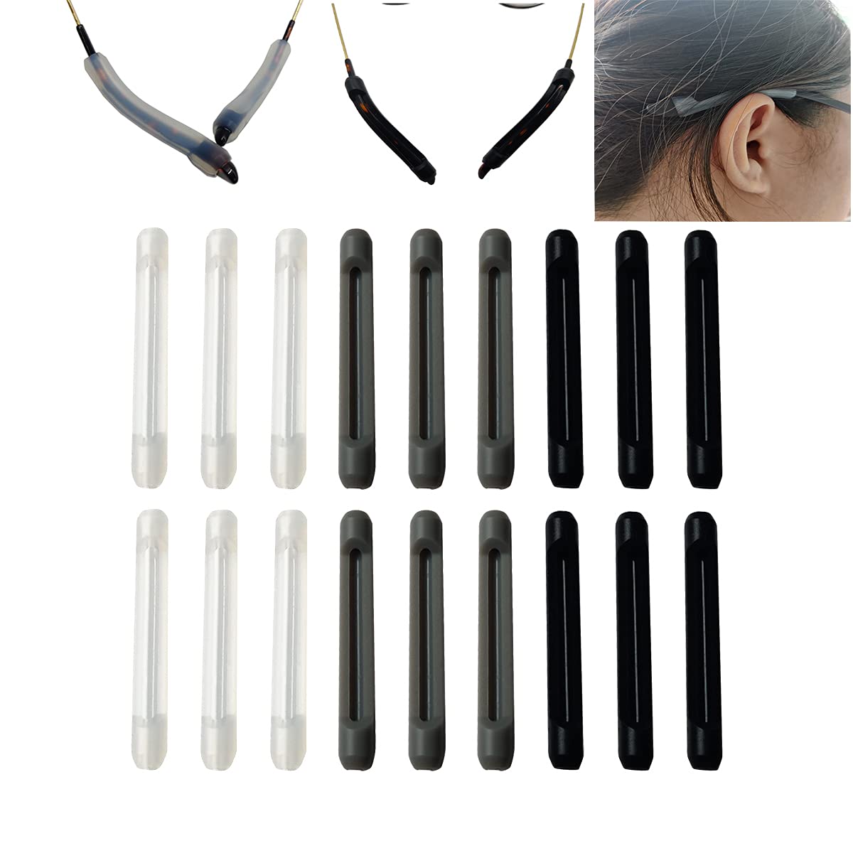 9 Pairs Soft Silicone Eyeglass Temple Tip Sleeves - Anti-Slip Comfort Retainers for Reading Glasses & Sunglasses (3 Clear, 3 Gray, 3 Black) | Perfect for Sports, Work & Daily Wear