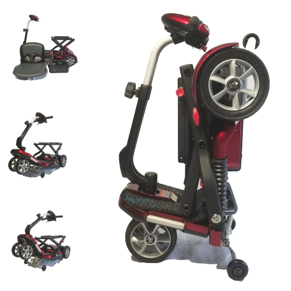 EV Rider Transport Folding Travel Electric Mobility Scooter - Lightweight Portable for Seniors & Adults - Sealed Lead Acid Batteries, Armrest-Free Design in Burgundy - Perfect for Air Travel, Shopping Malls & Outdoor Adventures