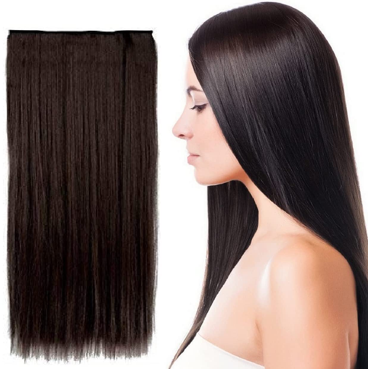 MoonEyes 5-Piece Clip-In Synthetic Straight Hair Extensions 24 Inch - Natural Brown (120g) for Volume & Length | Perfect for Parties, Weddings & Daily Styling