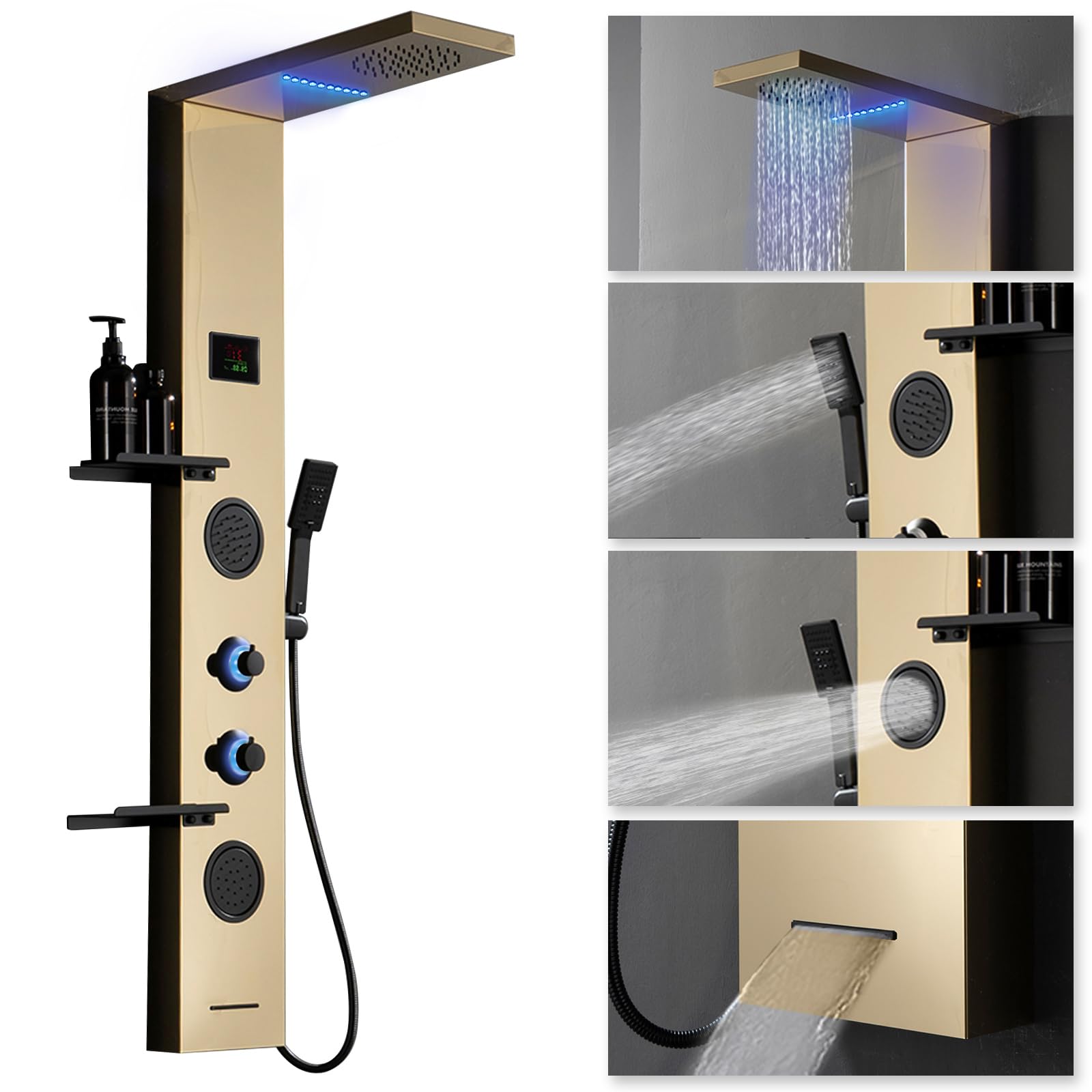 Premium LED Gold Shower Tower System - 304 Stainless Steel Shower Panel with Storage Shelf, Rainfall Shower Head & Massage Body Jets - Luxury Waterfall Bathtub for Modern Bathroom & Lavatory (Perfect for Spa-Like Relaxation & Elegant Home Upgrade)