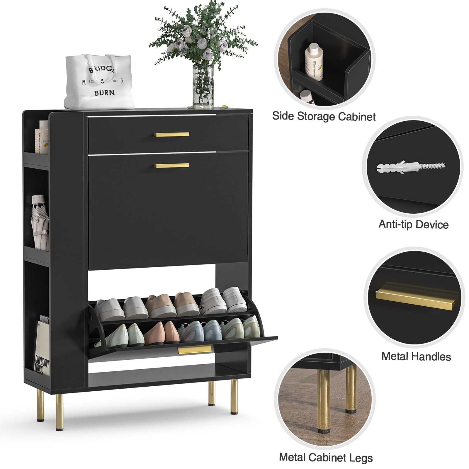 Anmytek Modern Black Shoe Cabinet with 2 Flip Drawers - Freestanding Shoe Storage Organizer for Entryway, Hallway, Bedroom & Closet - Space Saving Narrow Shoe Rack with Storage Drawers for Shoes, Boots & Accessories