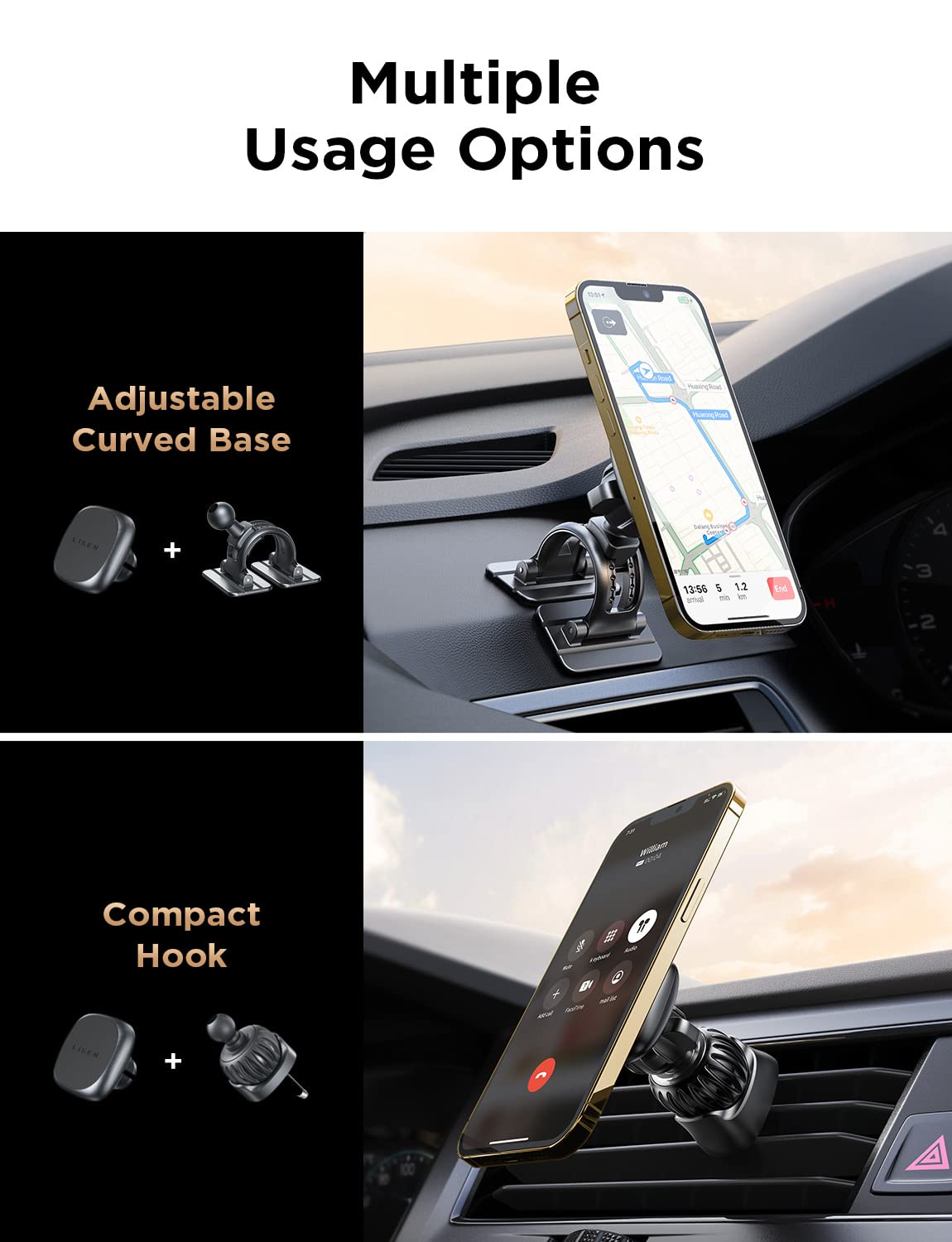 LISEN Magnetic Car Phone Holder with 6 Strong Magnets - Universal Phone Mount for iPhone & All Smartphones - Case Friendly, Replaceable Base, Vent Mount - Perfect for Driving, Commuting & Road Trips (Black)