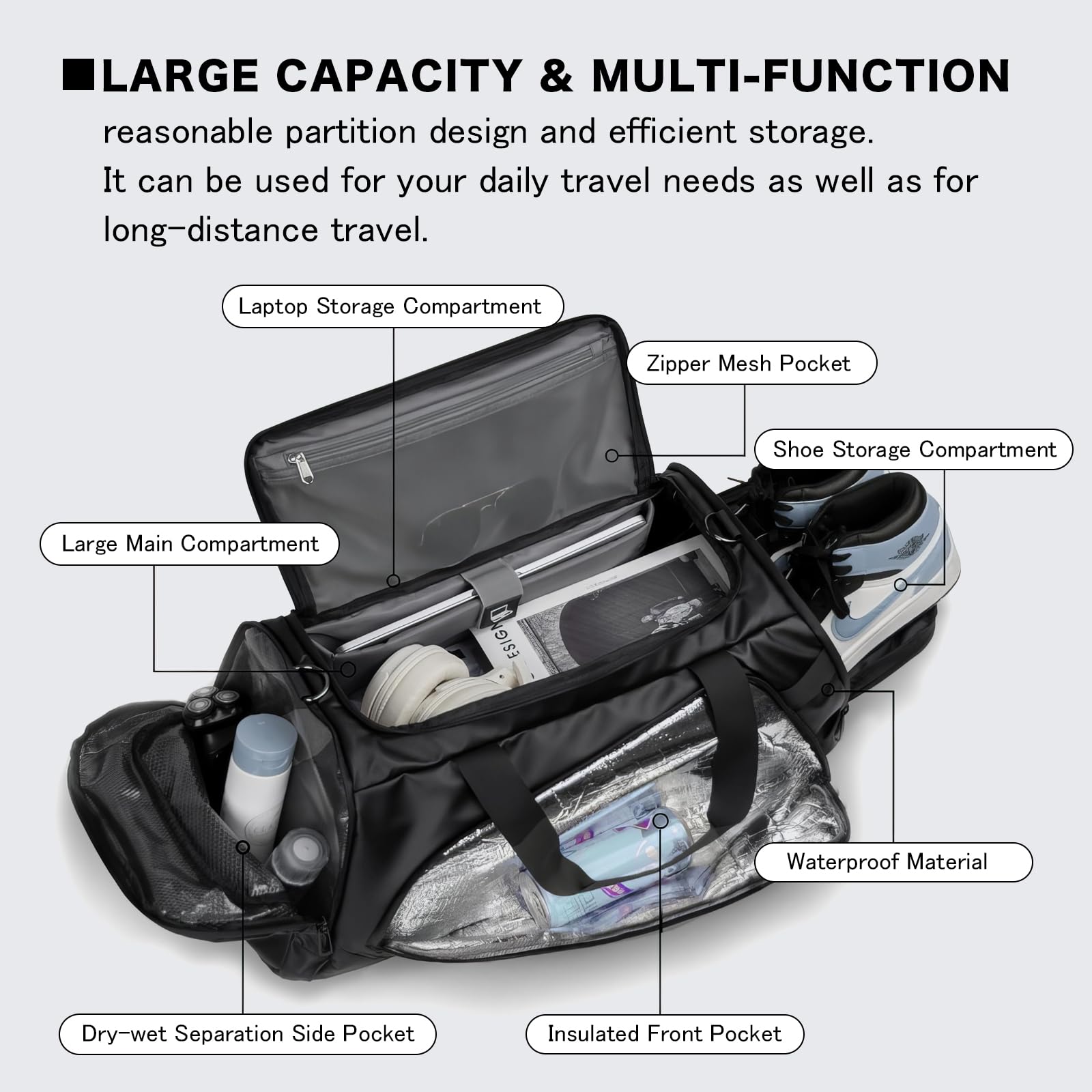 40L Travel Duffle Bag - Large Waterproof Gym Bag with Shoe Compartment, Wet Pocket & Laptop Sleeve - Perfect for Workouts, Travel & Weekend Getaways (Black)