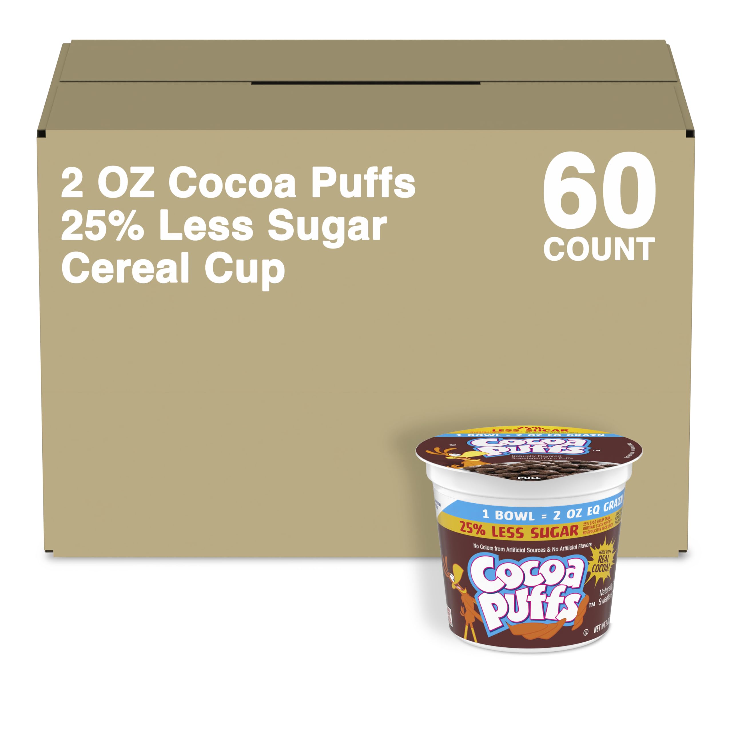 General Mills Cocoa Puffs Chocolate Cereal Cups - 25% Less Sugar, Single Serve (2 oz, Pack of 60) | K12 Approved | Perfect for School Lunches, Breakfast On-the-Go & Snacks