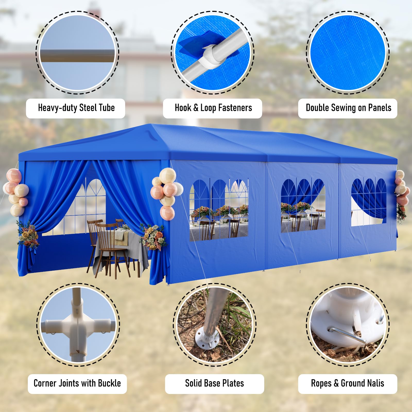 10x30FT Heavy Duty Waterproof Party Tent - Blue Outdoor Canopy Wedding Tent with 8 Removable Sidewalls - Perfect for Patio, Gazebo, Events, BBQ, Holiday, Birthday & Graduation Parties - Durable Shelter for Backyard Gatherings, Festivals & Outdoor Celebrations
