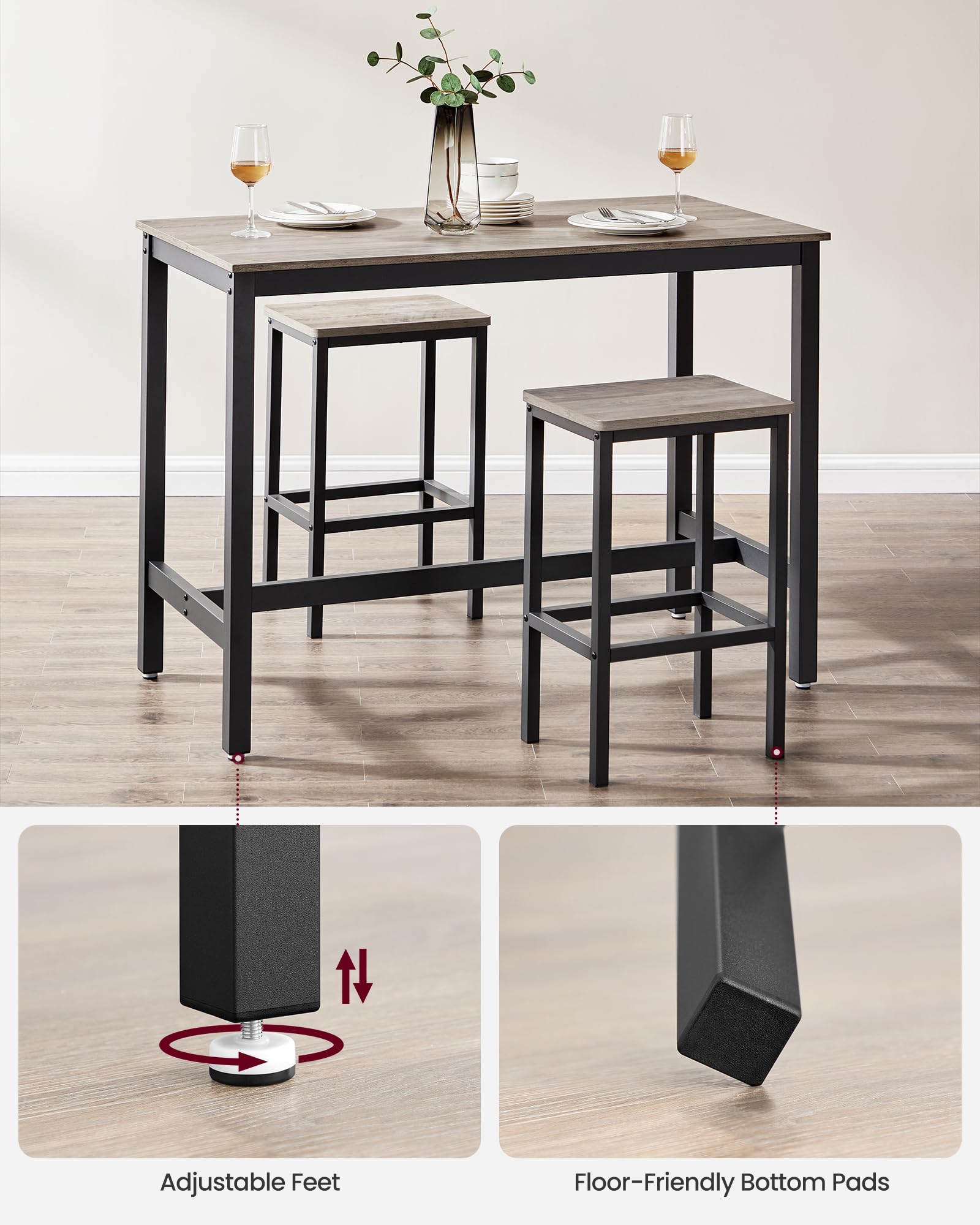 VASAGLE Industrial Bar Table Set with 2 Bar Stools - 3-Piece Kitchen Counter Height Dining Set in Greige & Black for Small Spaces, Breakfast Nook, Home Bar, Apartment, and Party Room ULBT015B02