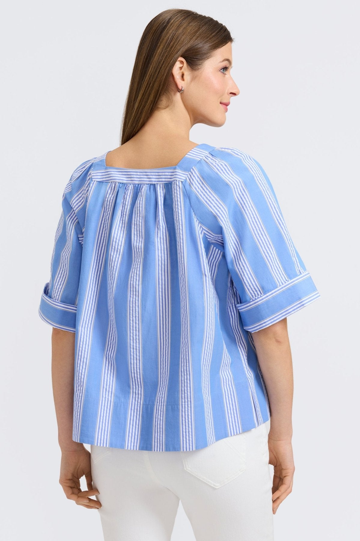 Violet Seersucker Striped Short Sleeve Popover Shirt for Women - Casual Summer Beachwear & Outdoor Activities