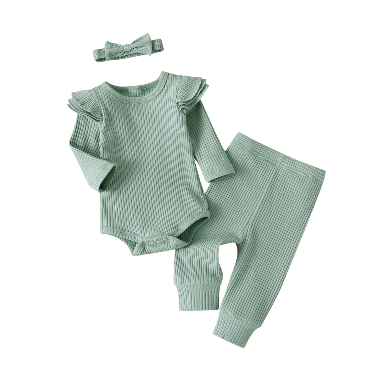 Kulcerry Newborn Baby Girl Outfits - Solid Color Ribbed Long Sleeve Romper with Pants & Headband Set | Soft Cotton Infant Clothes for Photography, Birthday, and Daily Wear
