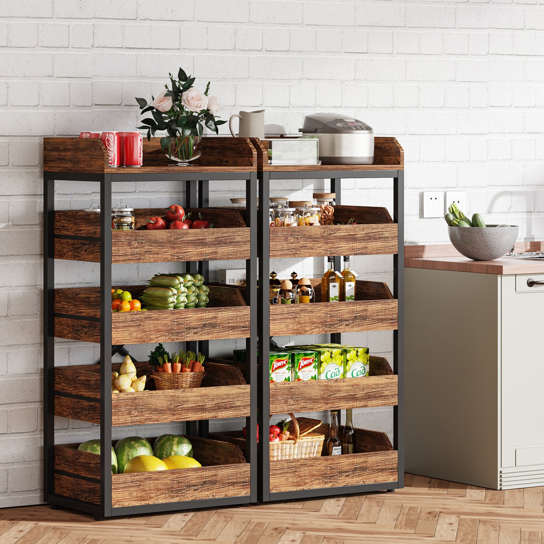 5-Tier Wooden Fruit and Vegetable Storage Basket Organizer - Kitchen Countertop & Pantry Organization Solution for Fresh Produce, Spices, and Groceries