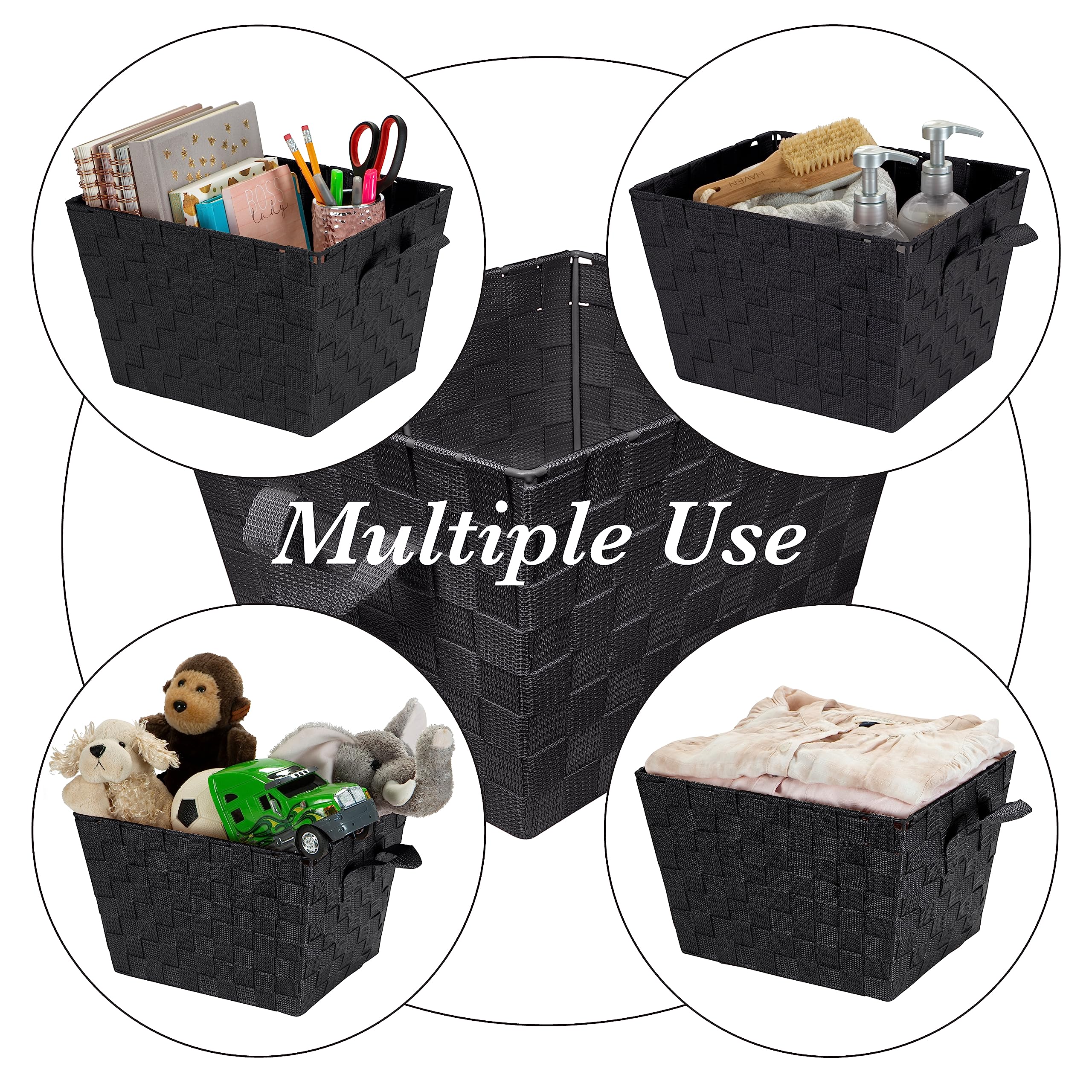 Stylish Medium Woven Storage Tote Basket with Handles - 4 Pack Black - Perfect for Home Organization, Closet, Bedroom, Bathroom & Nursery - Great for Toys, Accessories & Gift Giving