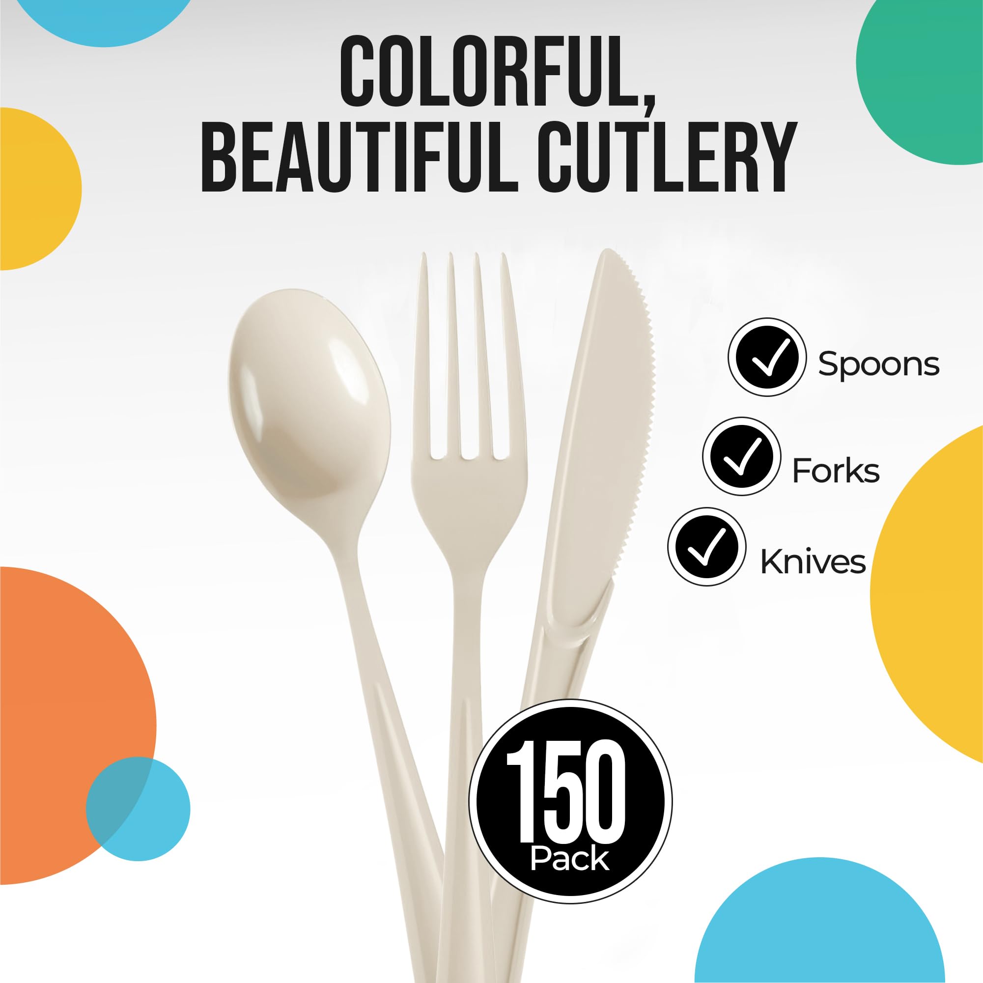 150-Piece Heavy Duty Ivory Plastic Cutlery Set - Disposable Forks, Knives & Spoons (50 Each) - Durable Party Utensils for Picnics, BBQs, Catering & Events