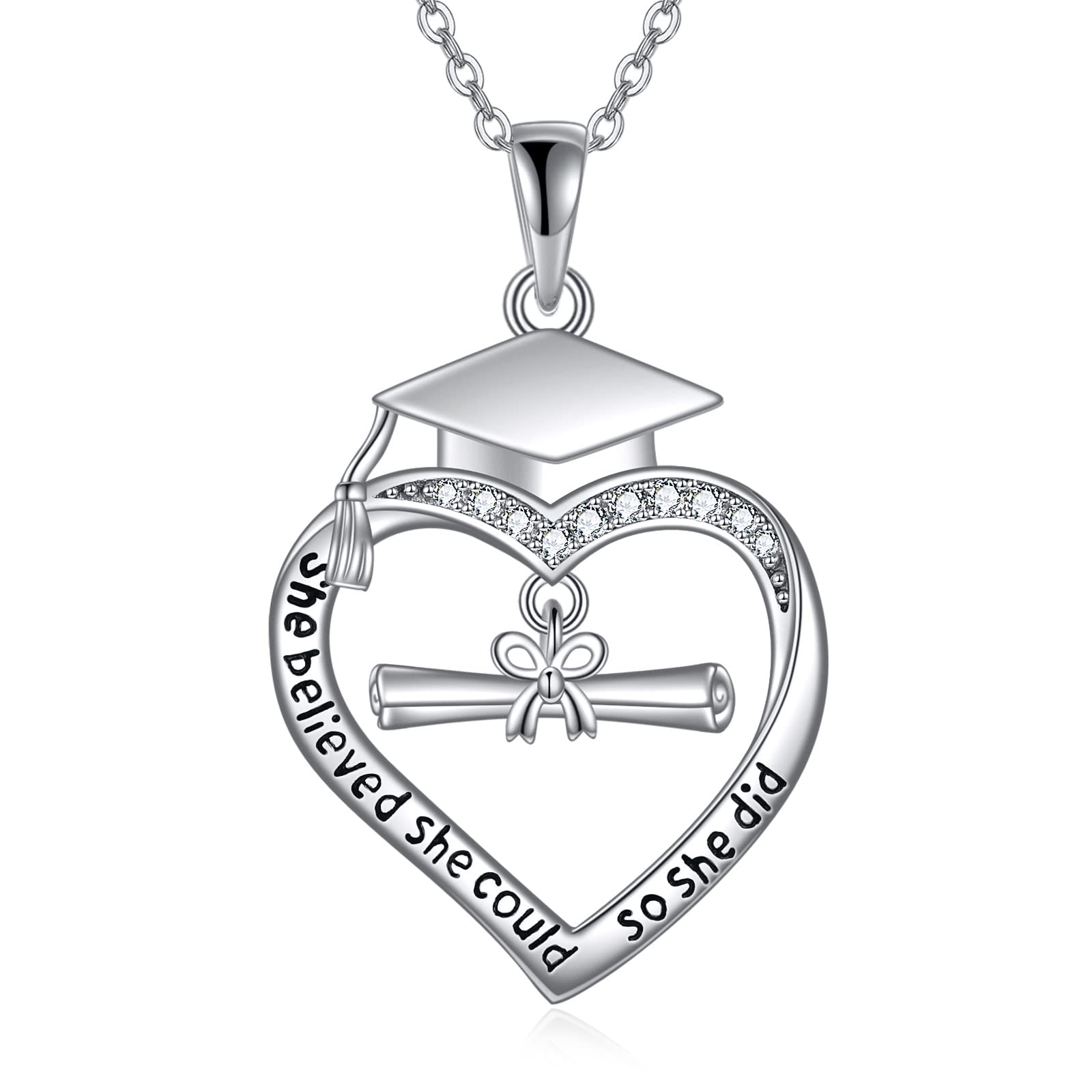 VONALA 925 Sterling Silver Heart Graduation Necklace with Bachelor's Hat Pendant - Elegant High School & College Graduation Gift for Women & Girls - Perfect for Commencement Ceremonies, Senior Photos & Graduation Parties