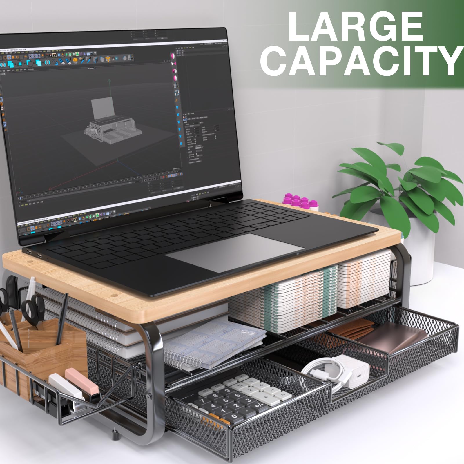 Premium Wooden Monitor Stand Riser with Storage Drawer - Large Desk Organizer with Plug & Pen Holders - Ergonomic Laptop/iMac Riser for Home & Office Workspace (Natural Wood Finish)