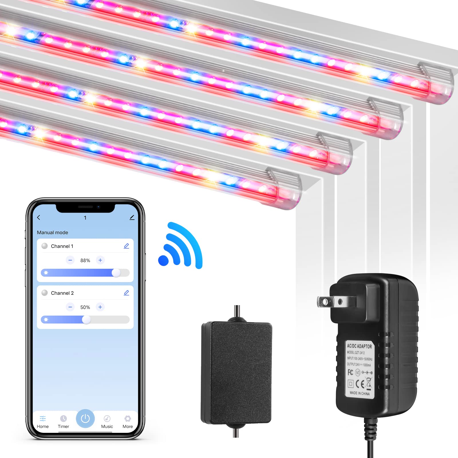 Smart WiFi LED Grow Light Strip for Indoor Plants - Full Spectrum Auto On/Off with App Control, T5 Plant Light Bar 4 Dimmable Levels for Hydroponics - 4 Pack (Yellow/Red/Blue) - Perfect for Home Gardening, Greenhouses & Indoor Herb Growing