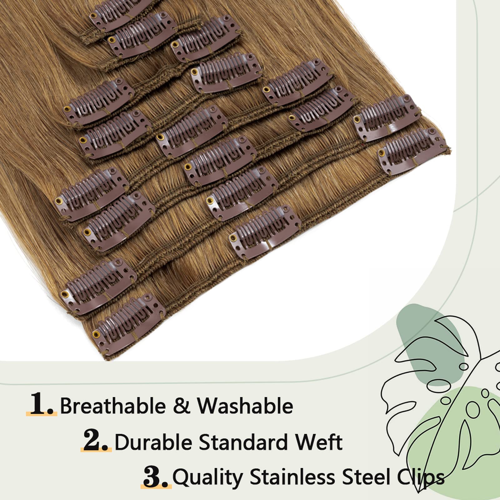 Clip in Human Hair Extensions 8 Pieces 18 Clips 100% Real Silky Remy Hair 18 Inch 100g Light Brown #6 - Perfect for Volume, Length & Styling for Parties, Weddings & Daily Wear