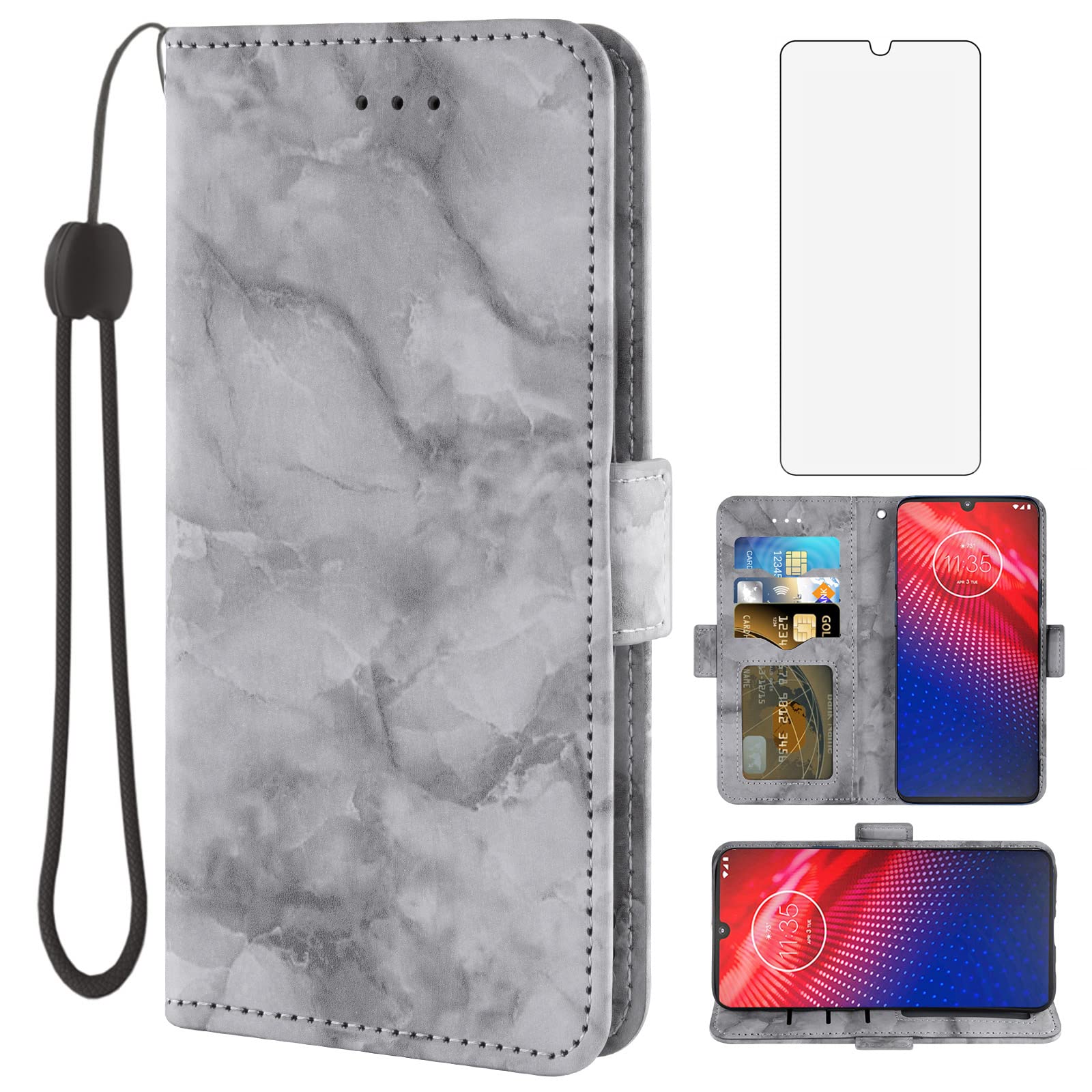 ASUWISH Marble Wallet Phone Case with Card Holder & Kickstand for Moto Z4/Moto Z4 Play/Moto Z4 Force | Tempered Glass Screen Protector | Stylish & Protective Cover for Motorola Moto Z4 Series - Perfect for Work, Travel & Everyday Use