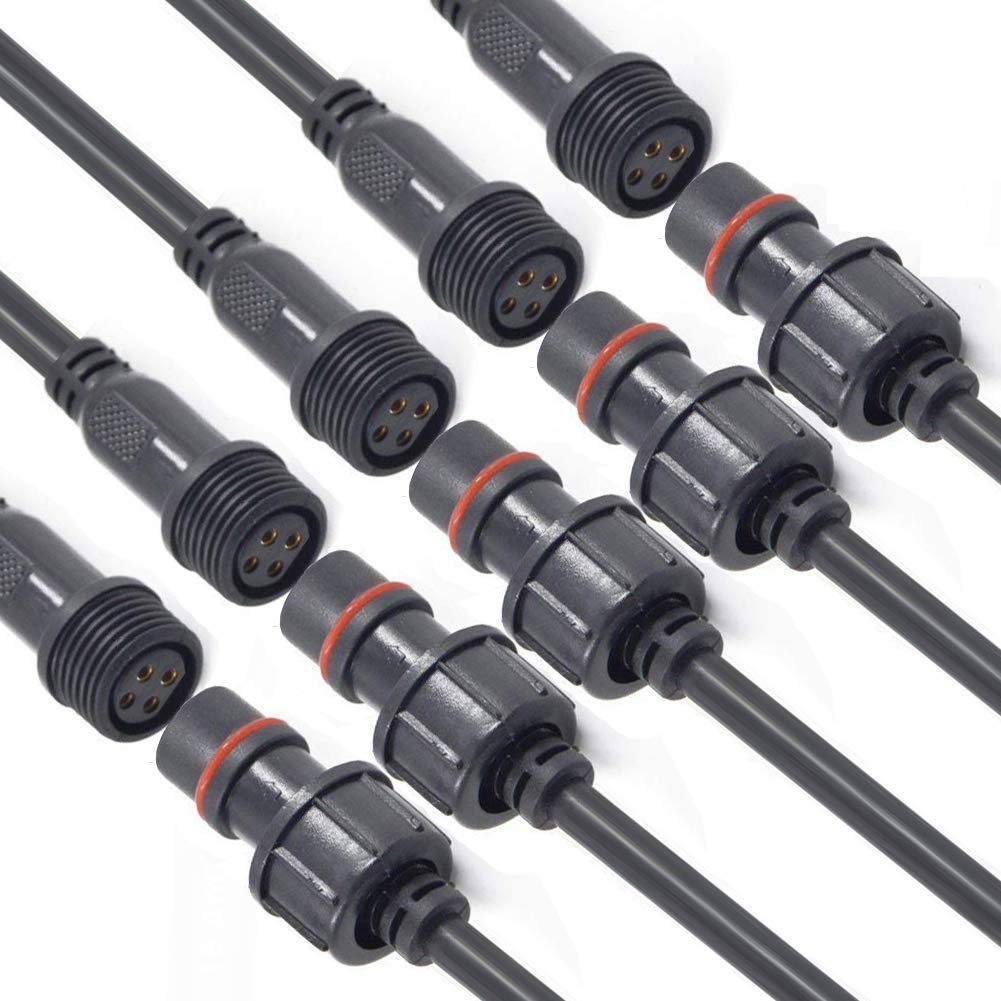 4-Pin Waterproof Connector 16AWG Male Female Plug for LED Strips - IP68 Rated, 20CM Extension Cable - Indoor/Outdoor Use for Landscape Lighting, Signage & Automotive Applications (5 Pairs)