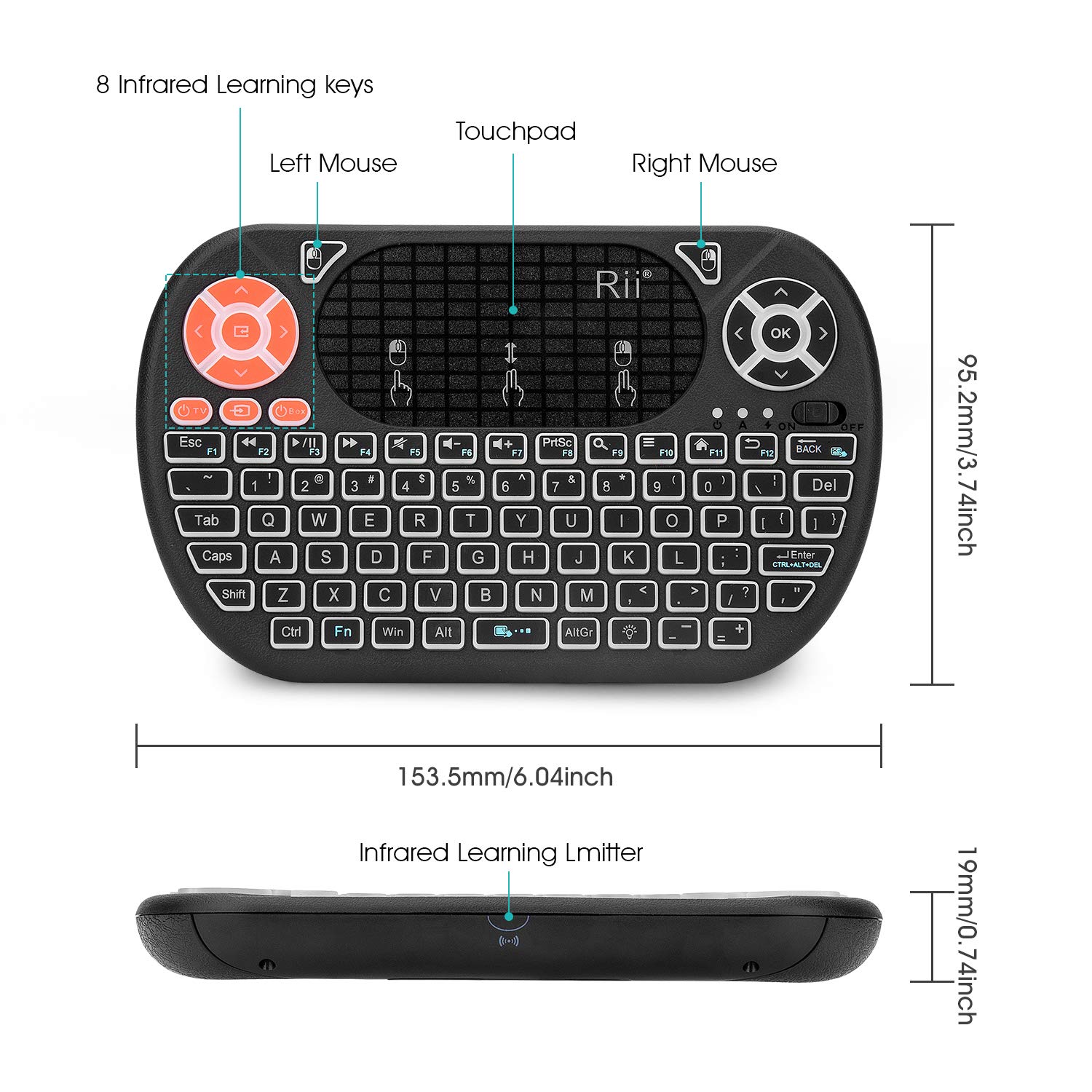 Rii F8 Wireless Keyboard with Touchpad - Backlit for PC, Android TV, Smart Home Control