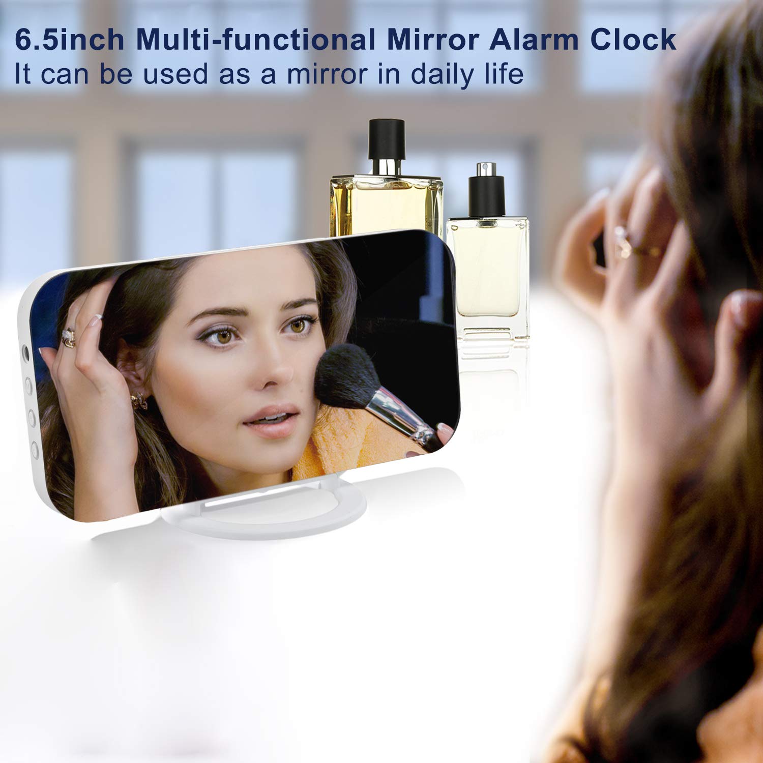 SZELAM Large Digital Alarm Clock with LED Display - Mirror Surface for Makeup, 3-Level Brightness & Dimming Mode, Dual USB Charging Ports - Modern Home & Bedroom Decor (White) - Perfect for Nightstands, Vanity Tables, and Office Desks