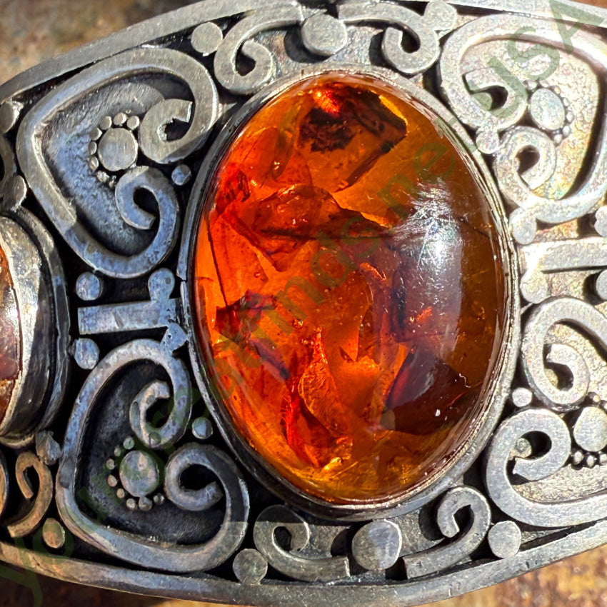 Vintage Sterling Silver & Amber Wide Cuff Bracelet for Women - Handmade Boho Jewelry - Perfect for Parties, Weddings & Special Occasions